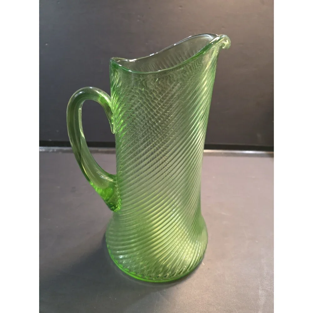 Antique Vintage Green Uranium Glass Pitcher – Diagonal Spiral Swirl Optic Ribbed